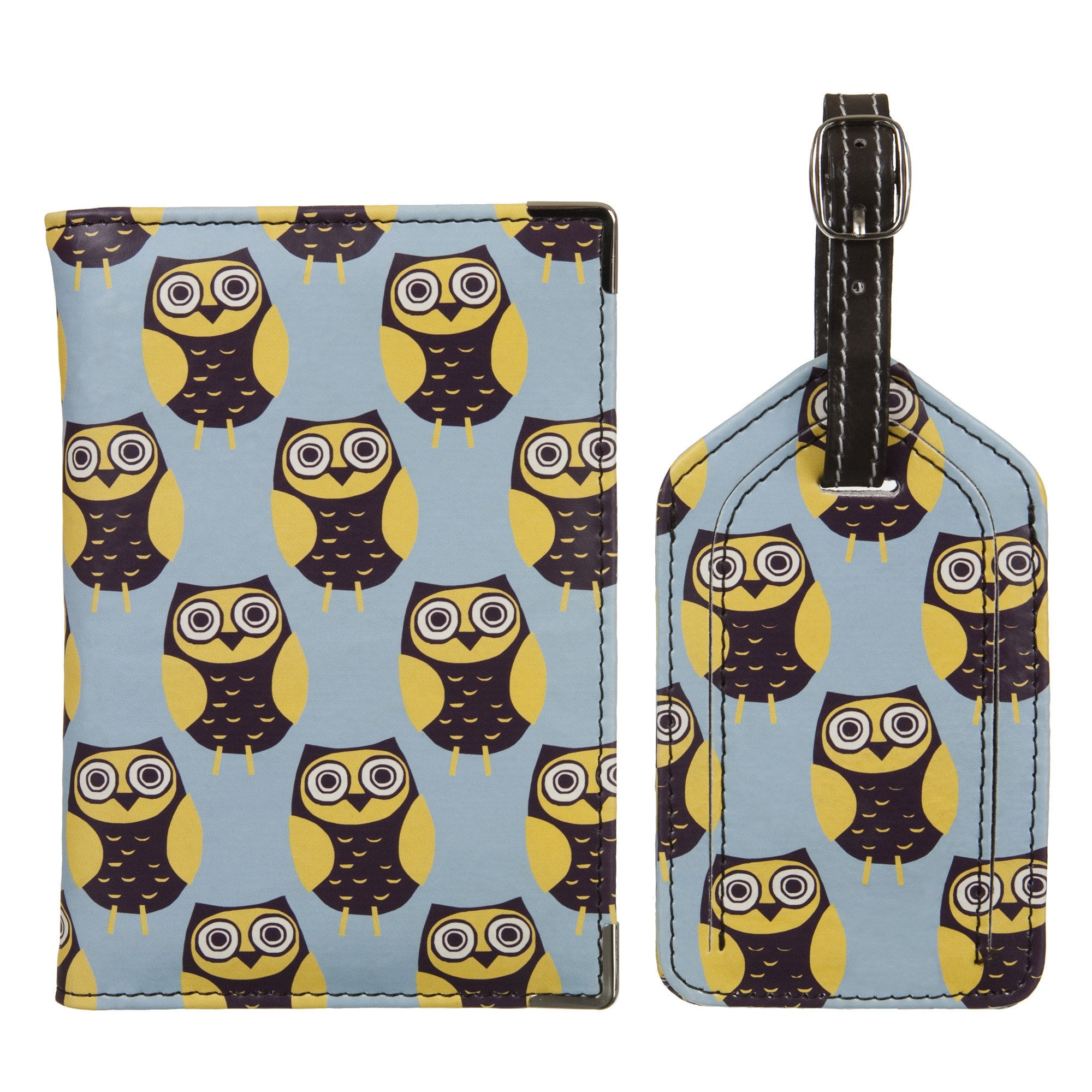 Blue Owls Leather Luggage Tag Set